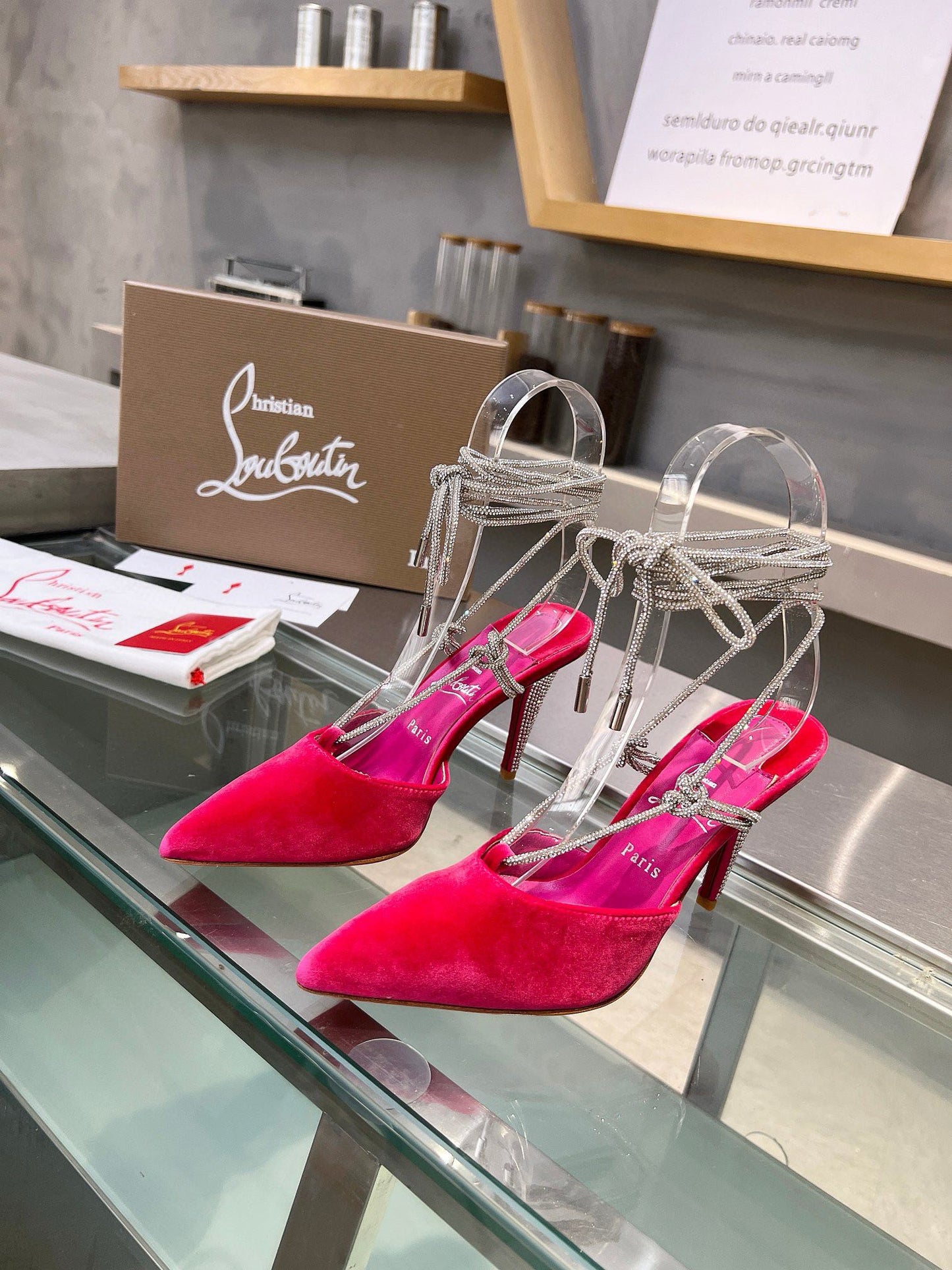 Christian Louboutin Astrid Lace Strass 85 Velvet Pumps - Pink