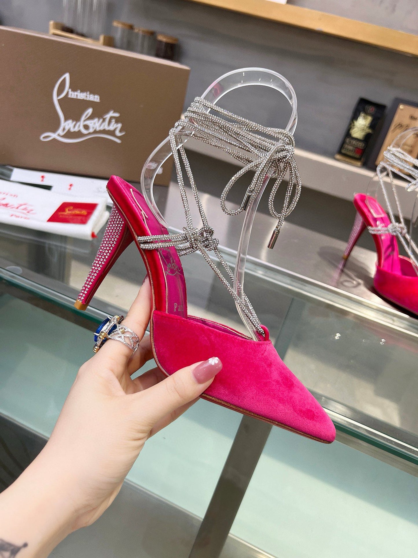 Christian Louboutin Astrid Lace Strass 85 Velvet Pumps - Pink