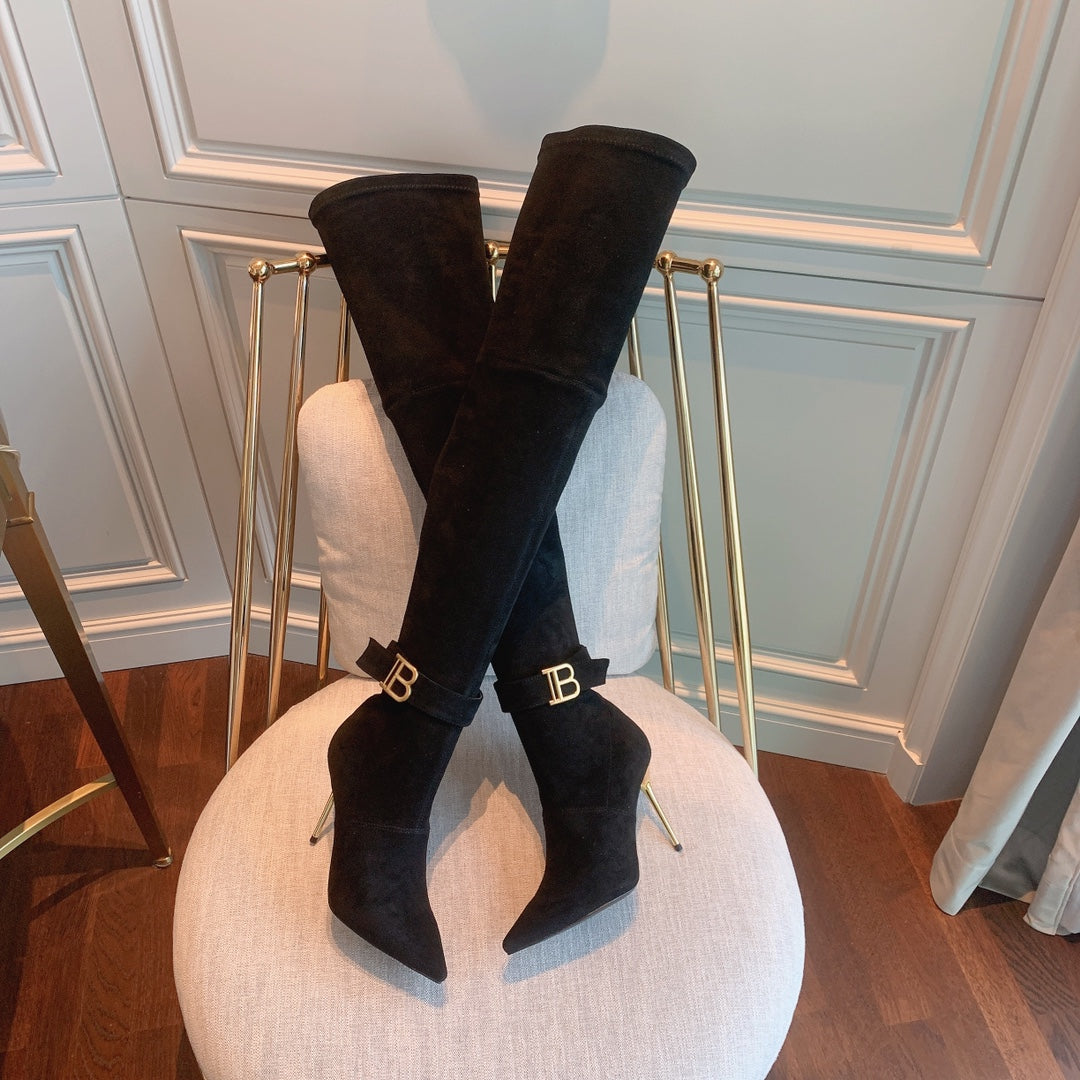 Balmain, Raven Over-The-Knee Suede Boots, Women, Black, US 10, Boots, Lamb Leather