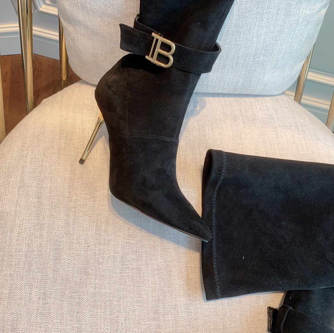 Balmain, Raven Over-The-Knee Suede Boots, Women, Black, US 10, Boots, Lamb Leather