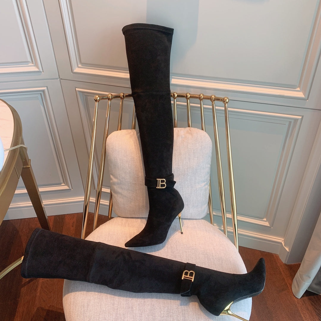 Balmain, Raven Over-The-Knee Suede Boots, Women, Black, US 10, Boots, Lamb Leather