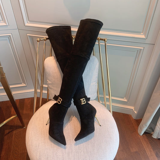 Balmain, Raven Over-The-Knee Suede Boots, Women, Black, US 10, Boots, Lamb Leather