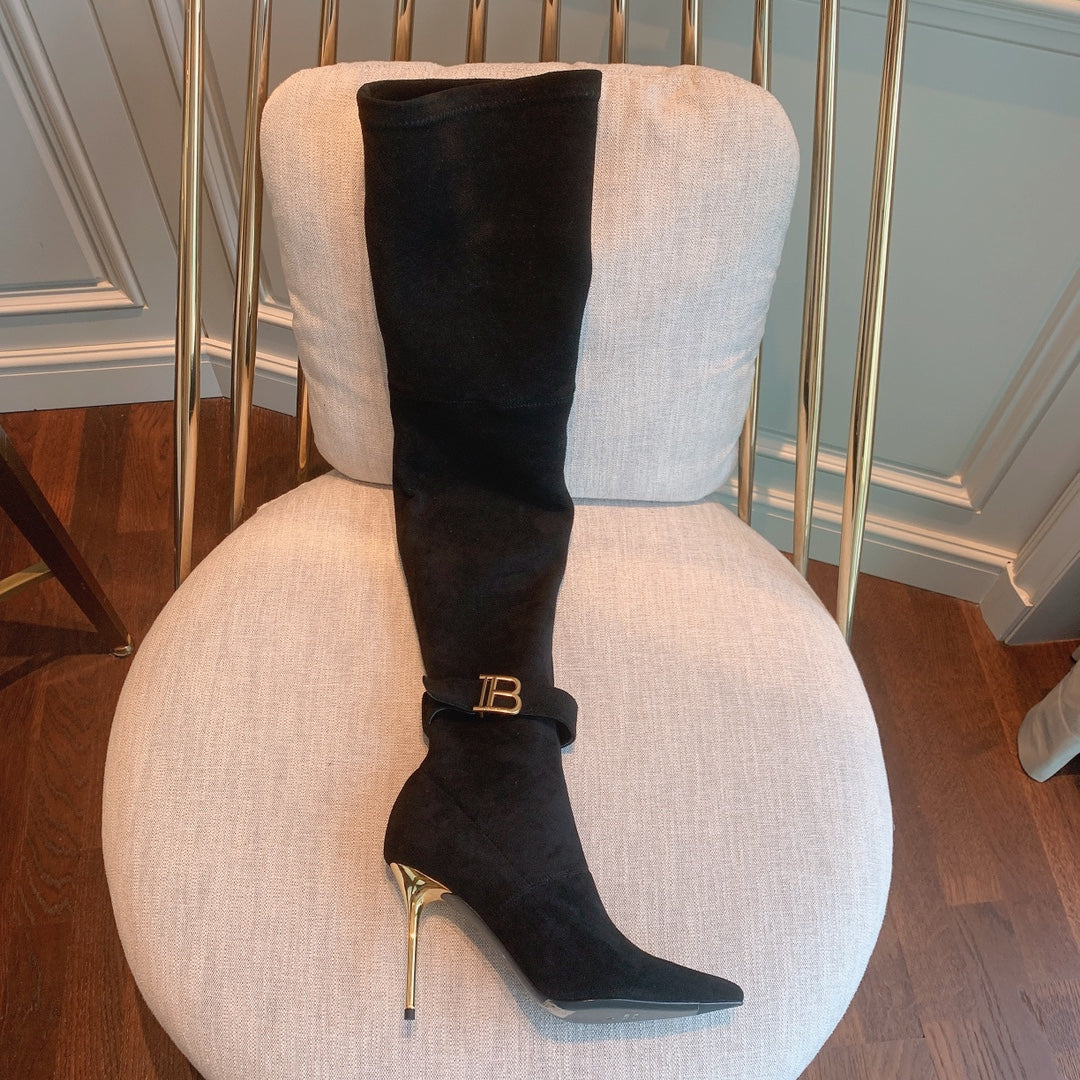 Balmain, Raven Over-The-Knee Suede Boots, Women, Black, US 10, Boots, Lamb Leather