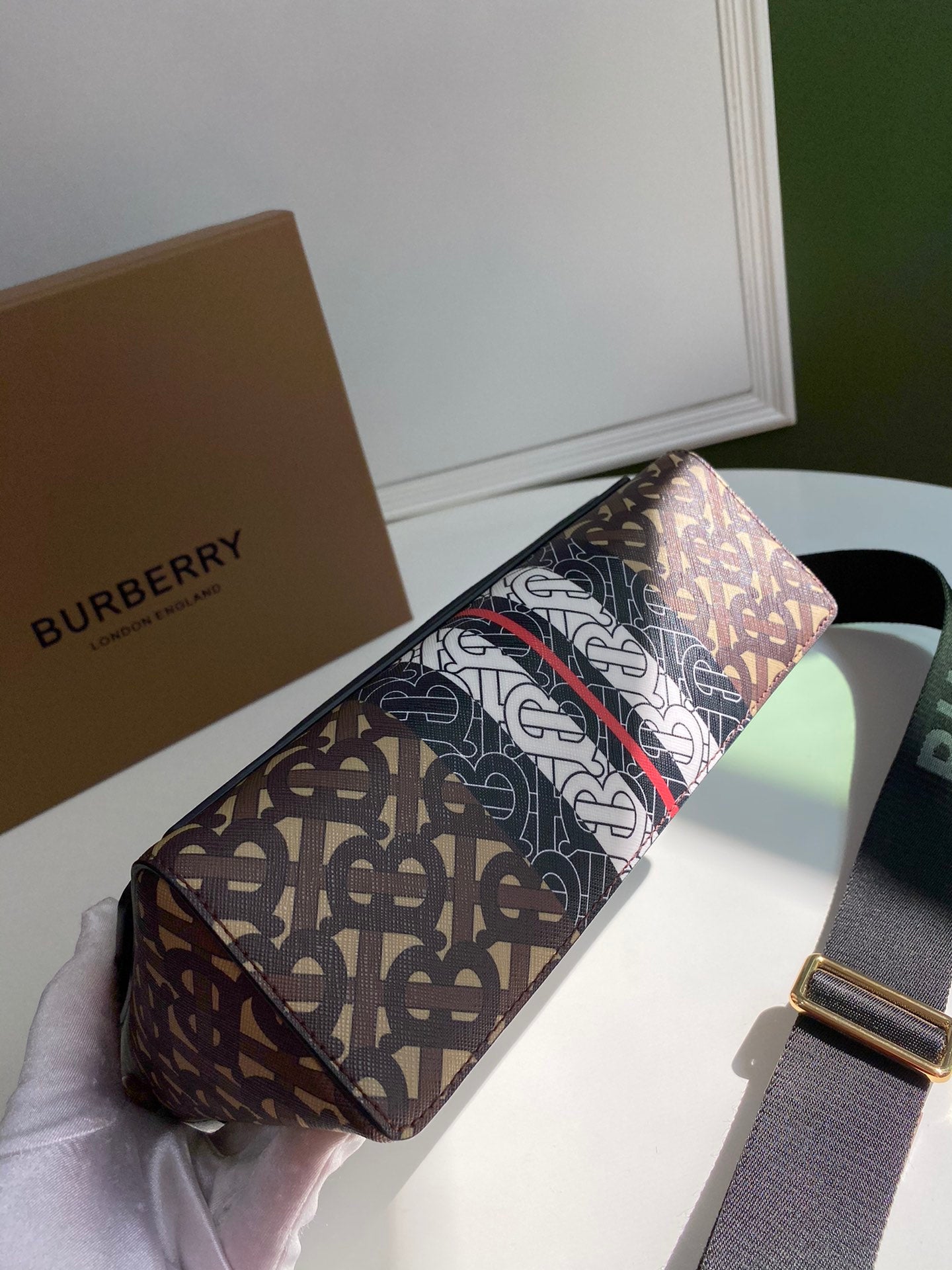Burberry, Monogram Stripe E-Canvas Note Crossbody Bag, Women