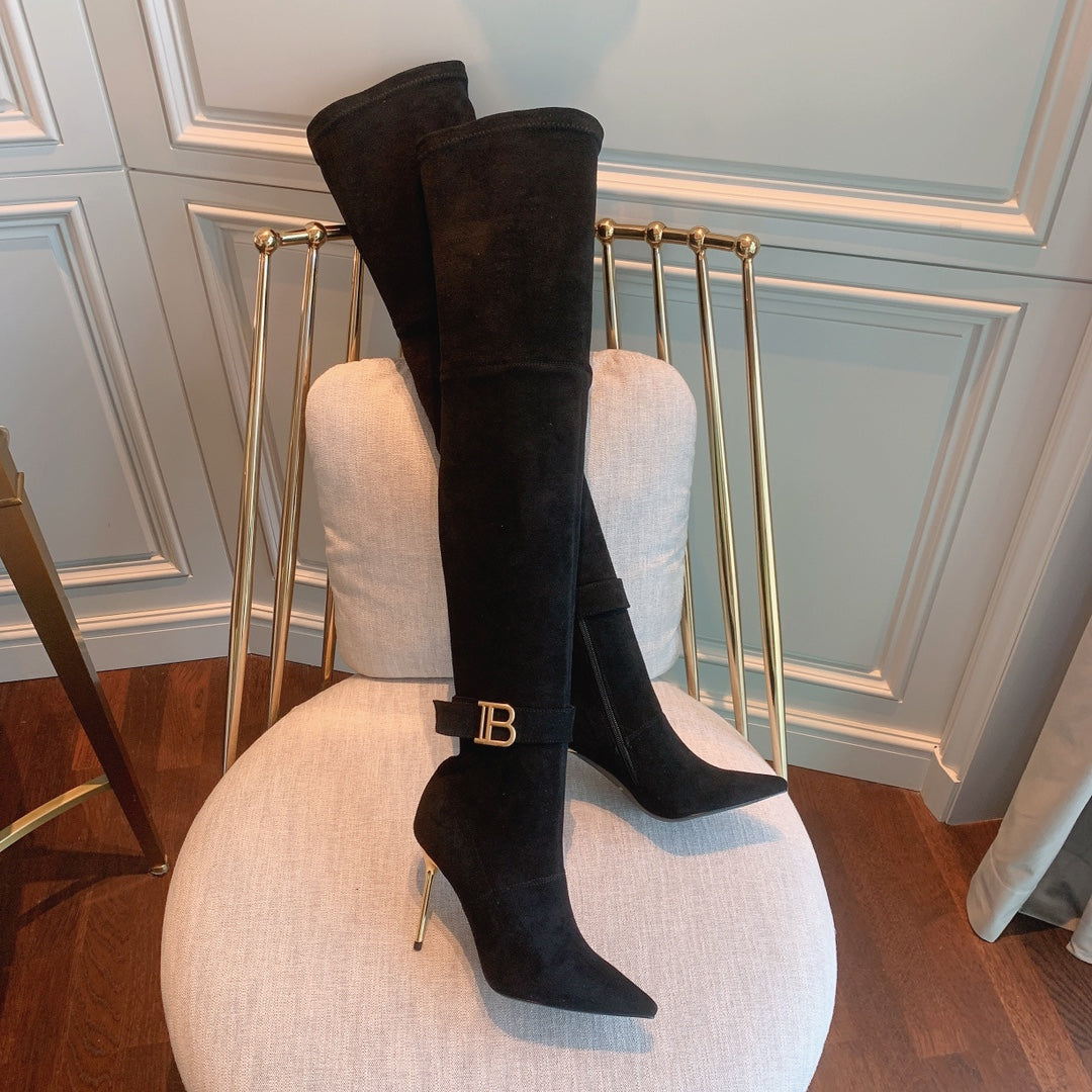 Balmain, Raven Over-The-Knee Suede Boots, Women, Black, US 10, Boots, Lamb Leather