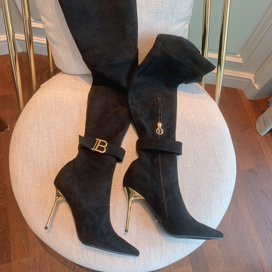 Balmain, Raven Over-The-Knee Suede Boots, Women, Black, US 10, Boots, Lamb Leather
