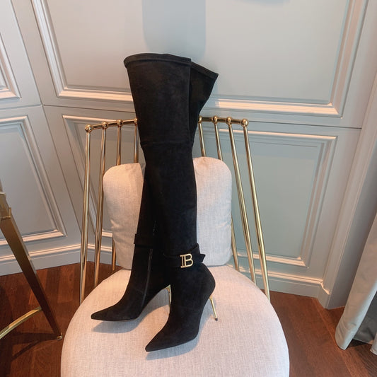 Balmain, Raven Over-The-Knee Suede Boots, Women, Black, US 10, Boots, Lamb Leather